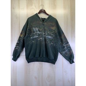 Vintage 1980-90s Panoramic Wolves Running Woods Scenery Pocket Front Sweatshirt